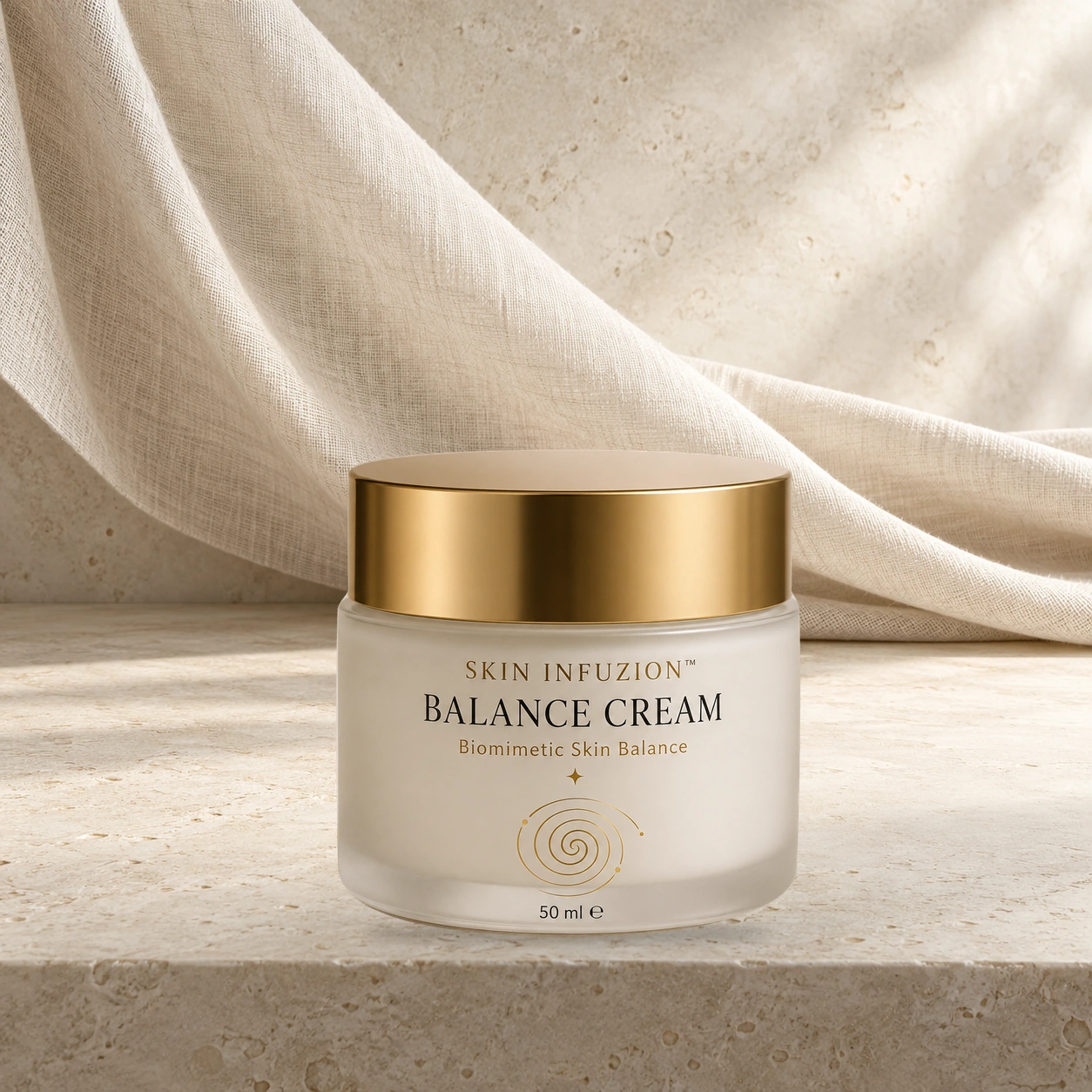 BALANCE CREAM w kompozycji na jasnym kamieniu z lnianÄ… tkaninÄ….