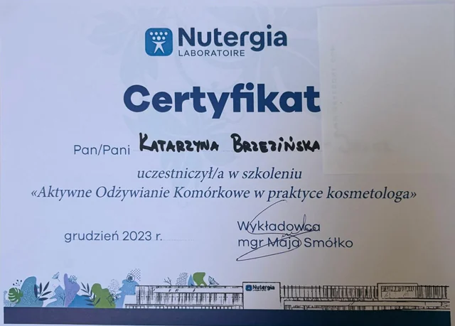 Certyfikat uczestnictwa Katarzyny Brzezińskiej w szkoleniu Aktywne Odżywianie Komórkowe w praktyce kosmetologa, grudzień 2023