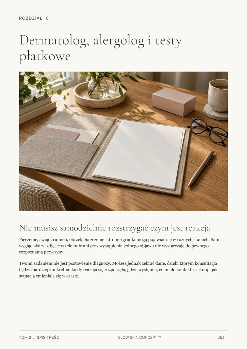 Przygotowanie do konsultacji — strona 53 finalnego wydania ebooka „Twoja skóra nie jest przewrażliwiona”.