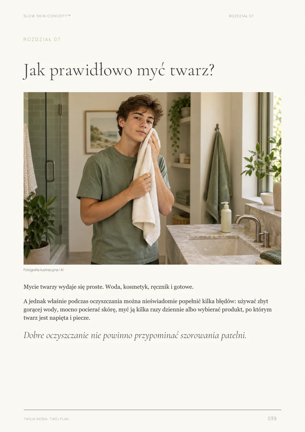 Jak prawidłowo myć twarz? — strona 39 ebooka „Twoja skóra, Twój plan”.