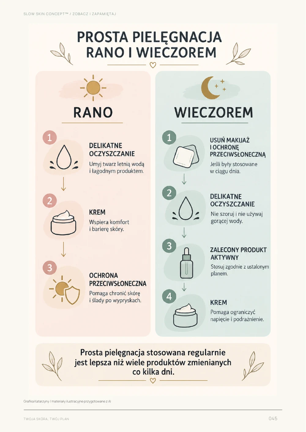 Prosta pielęgnacja rano i wieczorem — strona 45 ebooka „Twoja skóra, Twój plan”.