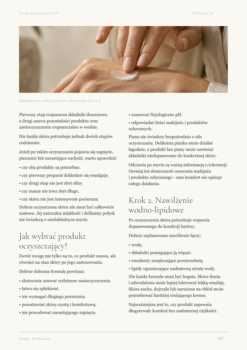 Strona ebooka „Skóra, która wie” o podstawie codziennej pielęgnacji.